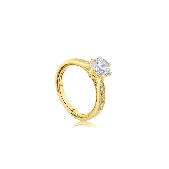 Bague solitaire et demi alliance Excellence Plaqué Or 18k sertie d'un zirconium