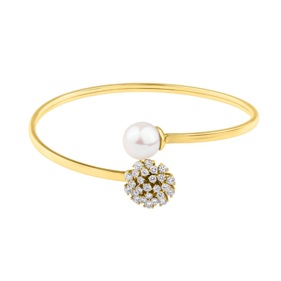 Bracelet Jonc en Or jaune 750/1000, diamants & Perle de culture.