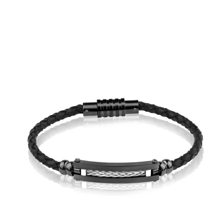 Bracelet Excellence Acier 316L PVD noir & cuir tressé