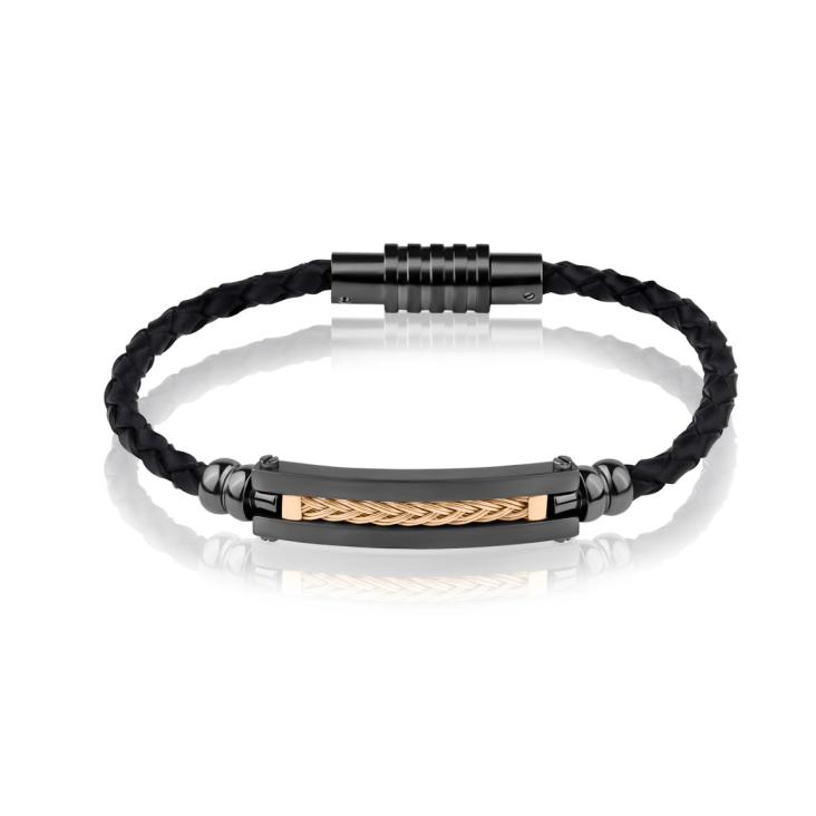 Bracelet Excellence Acier 316L PVD noir & cuir tressé
