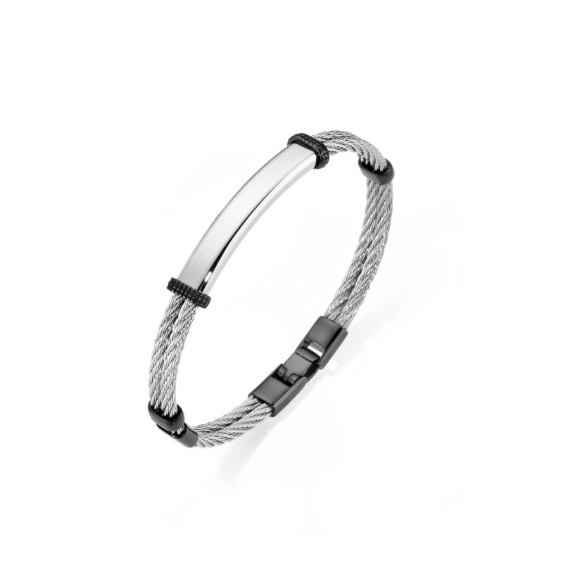 Bracelet Excellence en acier 316L double câble tressé motif central poli miroir Medium