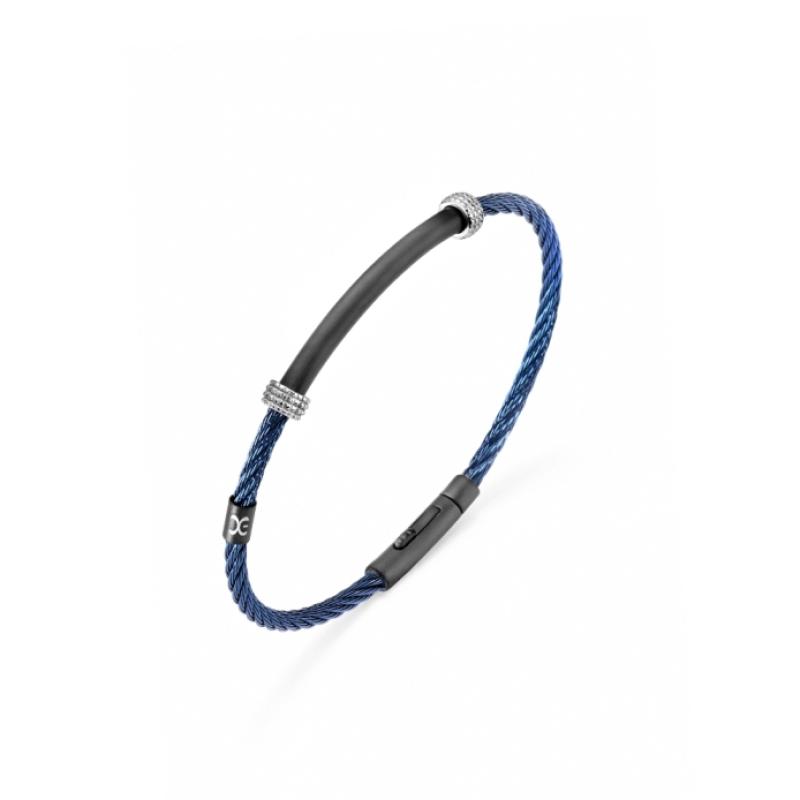 Bracelet Excellence en acier 316L PVD bleu câble tressé motif central satiné Medium