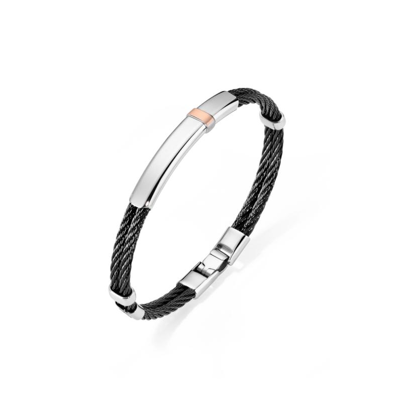 Bracelet Excellence acier 316L PVD noir double câble et Or 18K