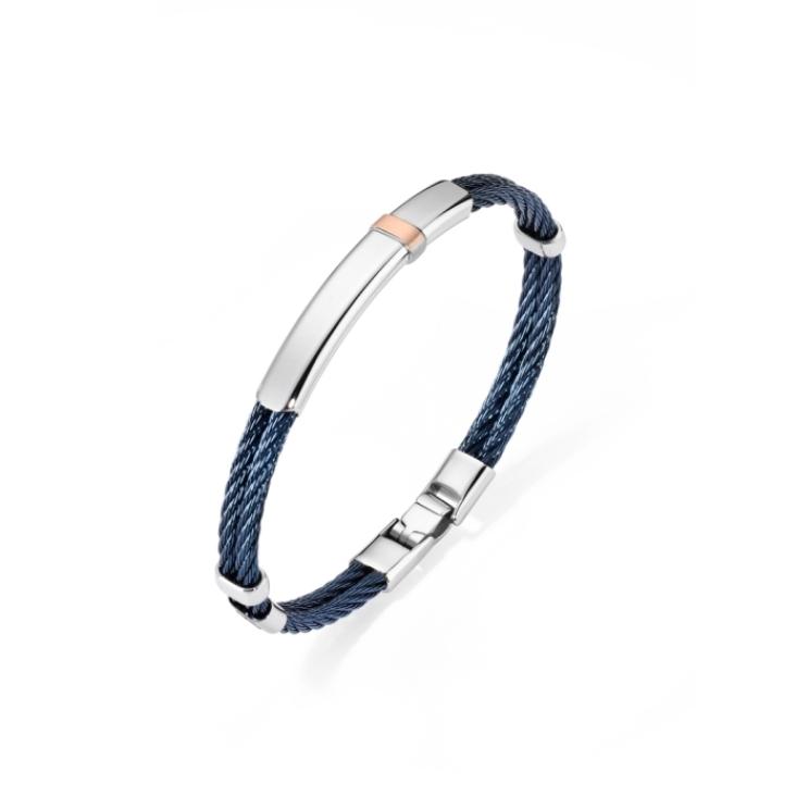 Bracelet Excellence en acier 316L PVD bleu, câble tressé double, or 18K
